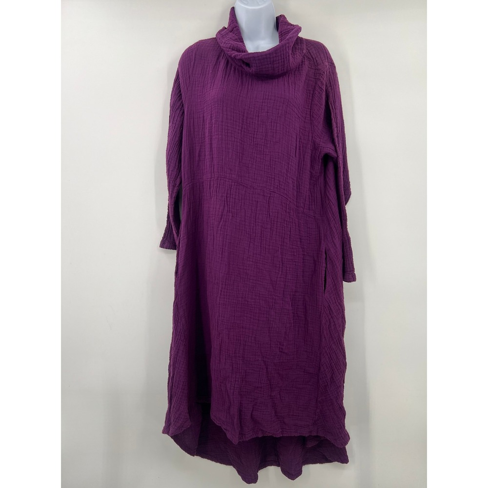 Shannon Passero Purple Cotton Gauze Cowl Neck High Low Dress L Pockets Lagenlook